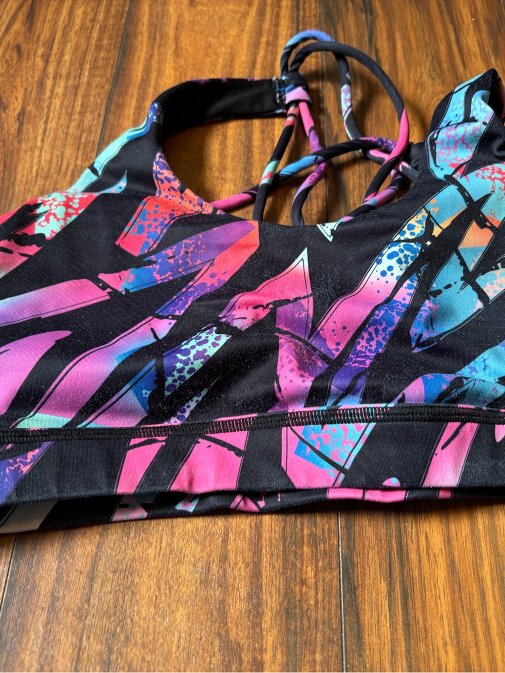 Constantly Varied Gear Black Sports Bra with Pink, Purple & Teal Abstract Print